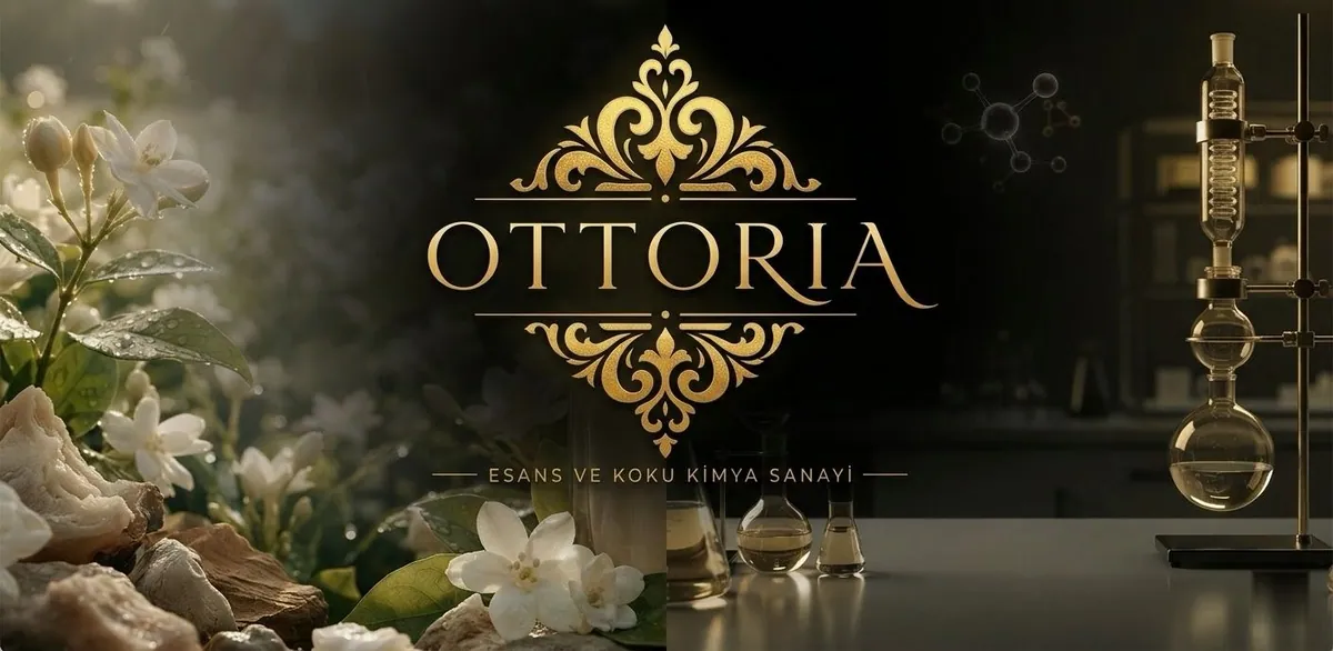 Altın renkli Ottoria logosu; bir yanda beyaz çiçekler ve doğal hammaddeler, diğer yanda distilasyon düzeneğiyle koku laboratuvarı